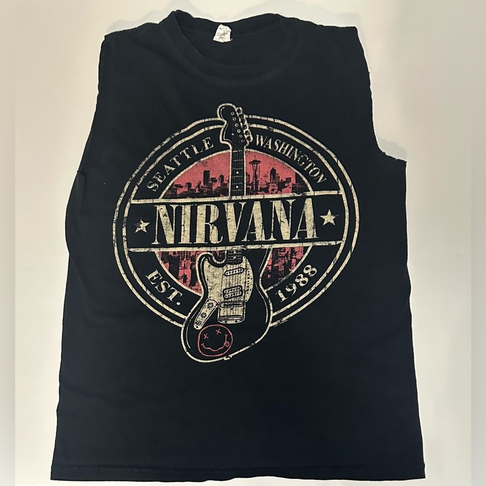 Vintage Nirvana Seattle Guitar Cut-Off Sleeveless Graphic Band Tee Black